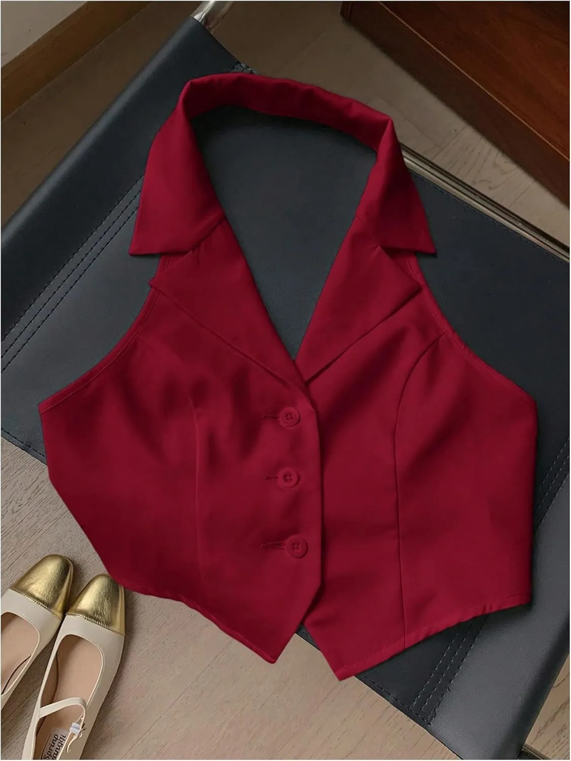 MakeMeChic Women's Halter Vest Tops Button Down Asymmetrical Hem V Neck Sleeveless Crop Vest
