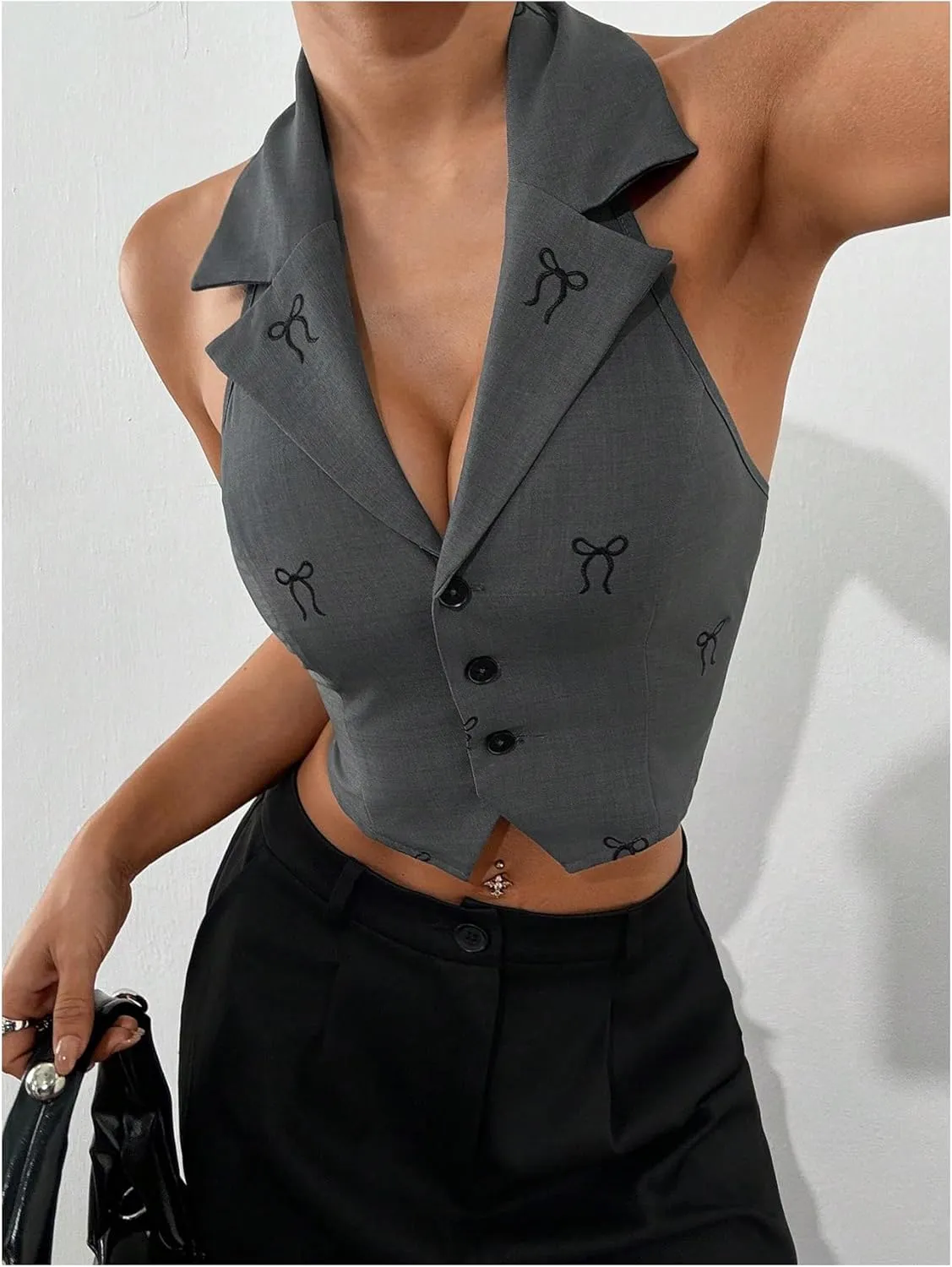 MakeMeChic Women's Halter Vest Tops Button Down Asymmetrical Hem V Neck Sleeveless Crop Vest