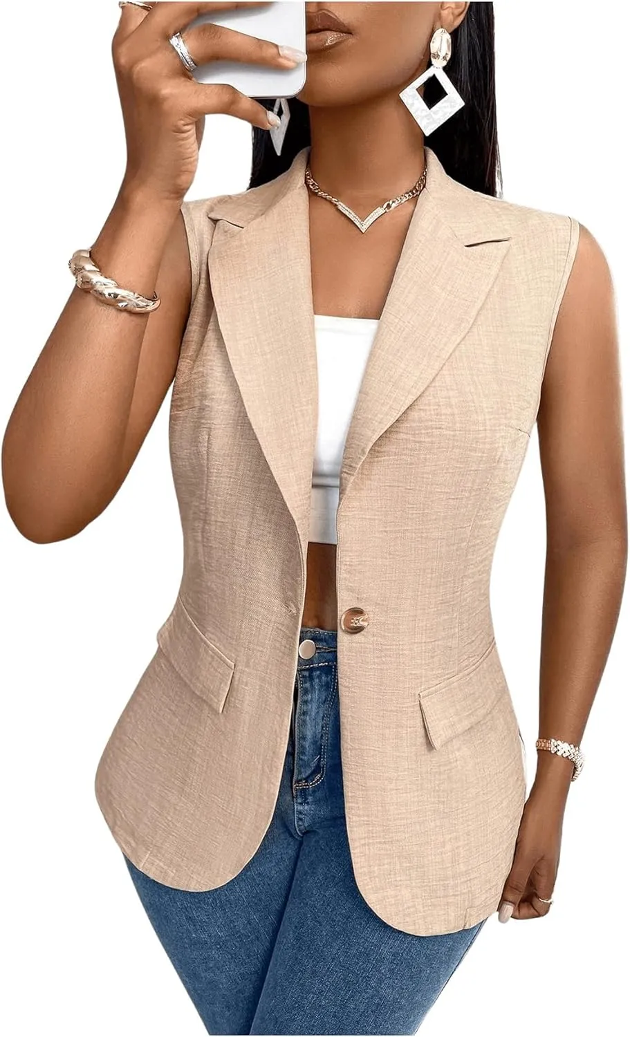 MakeMeChic Women's Lapel Sleeveless Blazer Vest Open Front Single Button Office Work Jacket