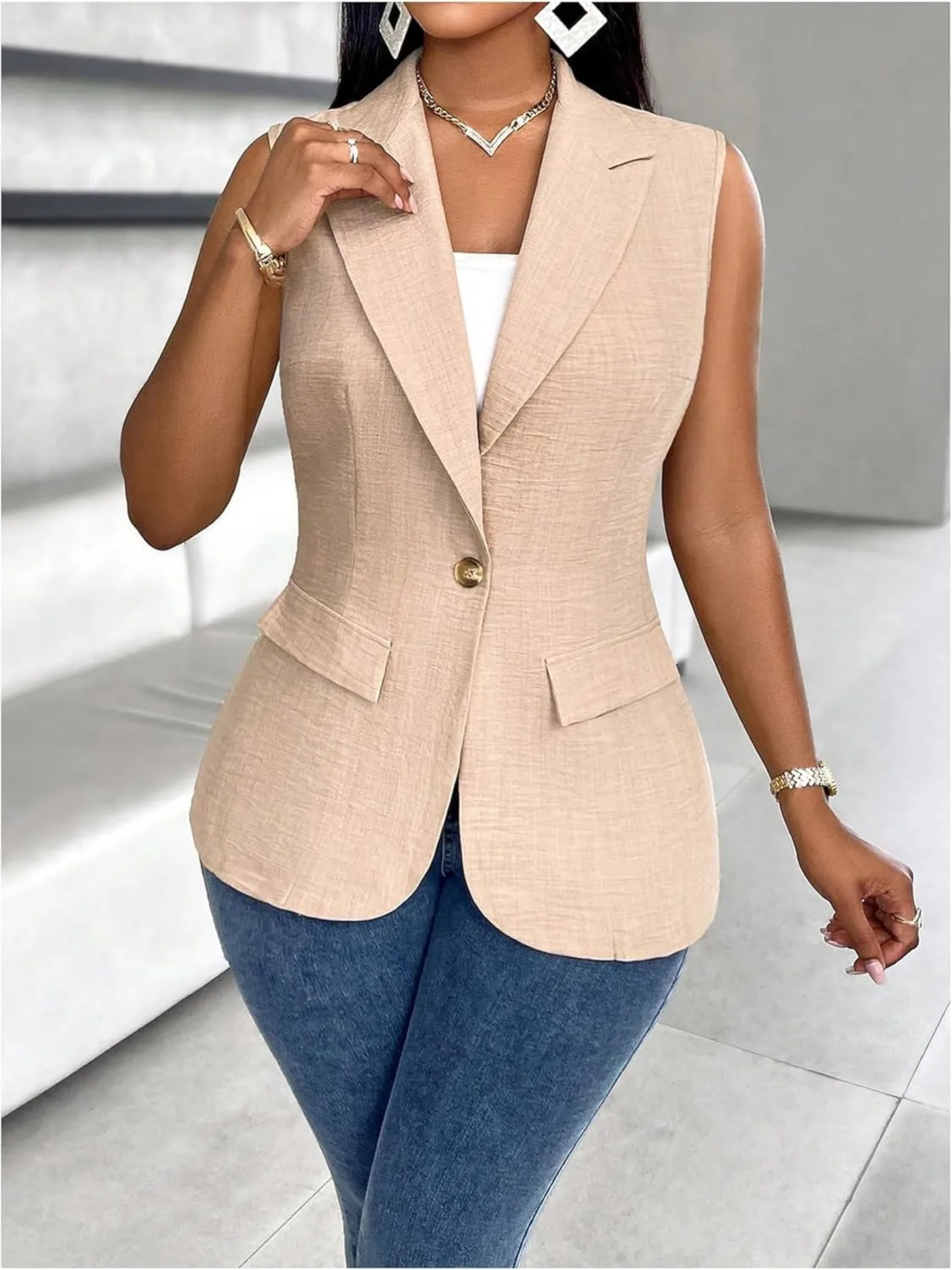 MakeMeChic Women's Lapel Sleeveless Blazer Vest Open Front Single Button Office Work Jacket