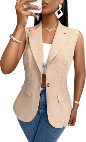 MakeMeChic Women's Lapel Sleeveless Blazer Vest Open Front Single Button Office Work Jacket