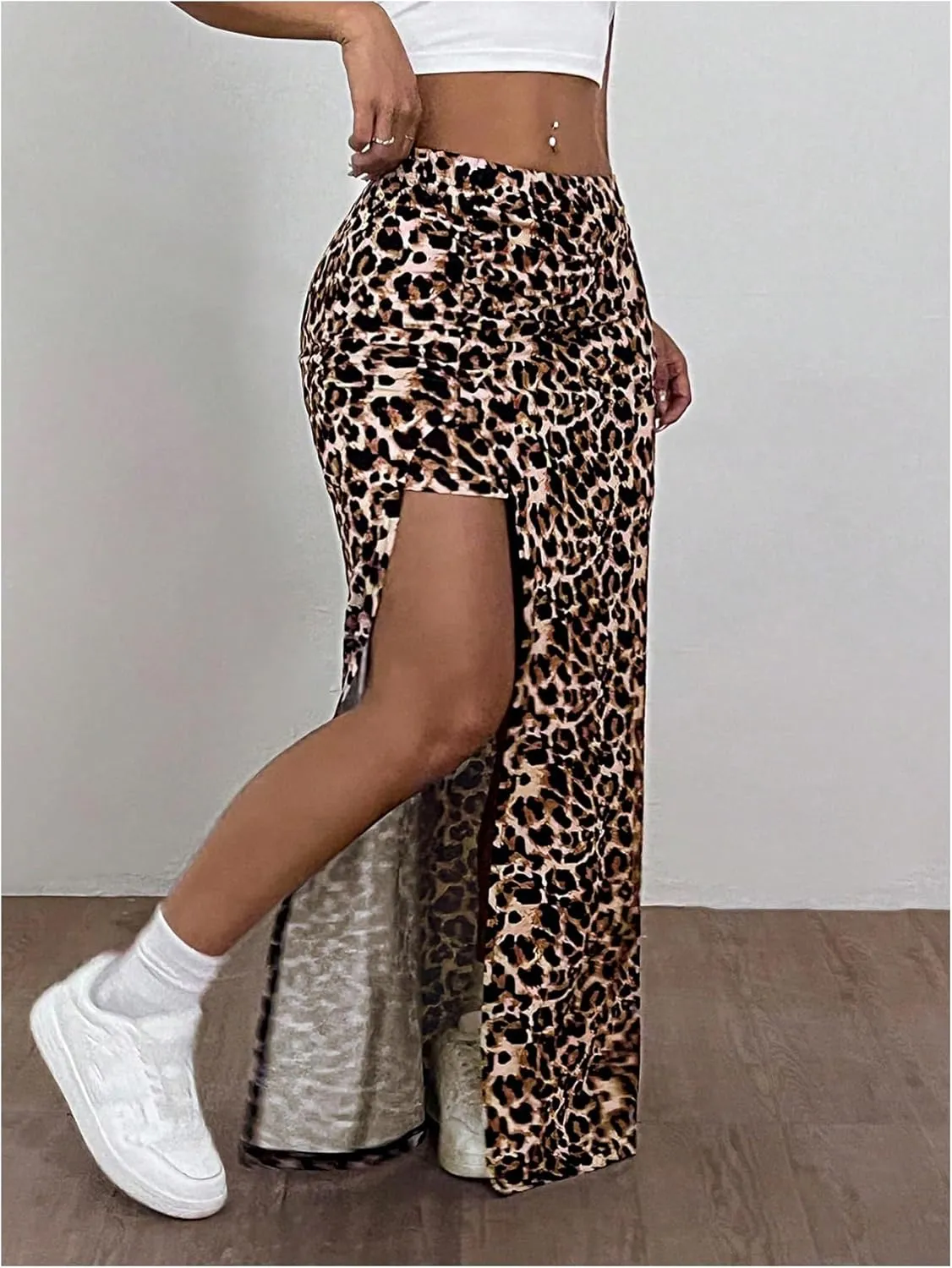 MakeMeChic Women's Leopard Print Split Thigh Bodycon Skinny Fit Maxi Skirt Long Skirts
