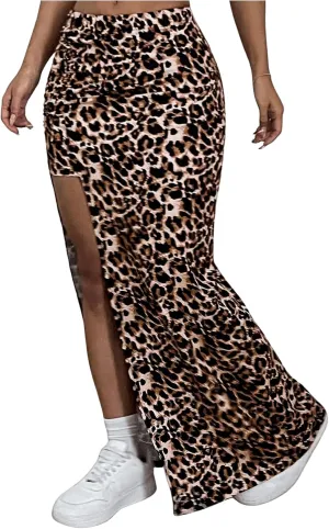 MakeMeChic Women's Leopard Print Split Thigh Bodycon Skinny Fit Maxi Skirt Long Skirts
