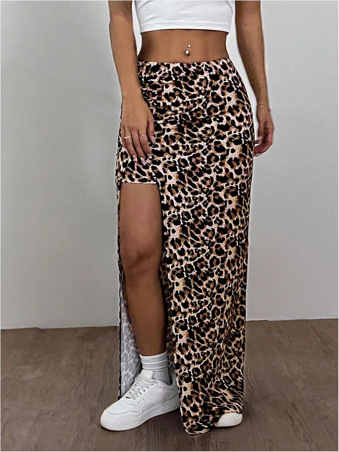 MakeMeChic Women's Leopard Print Split Thigh Bodycon Skinny Fit Maxi Skirt Long Skirts