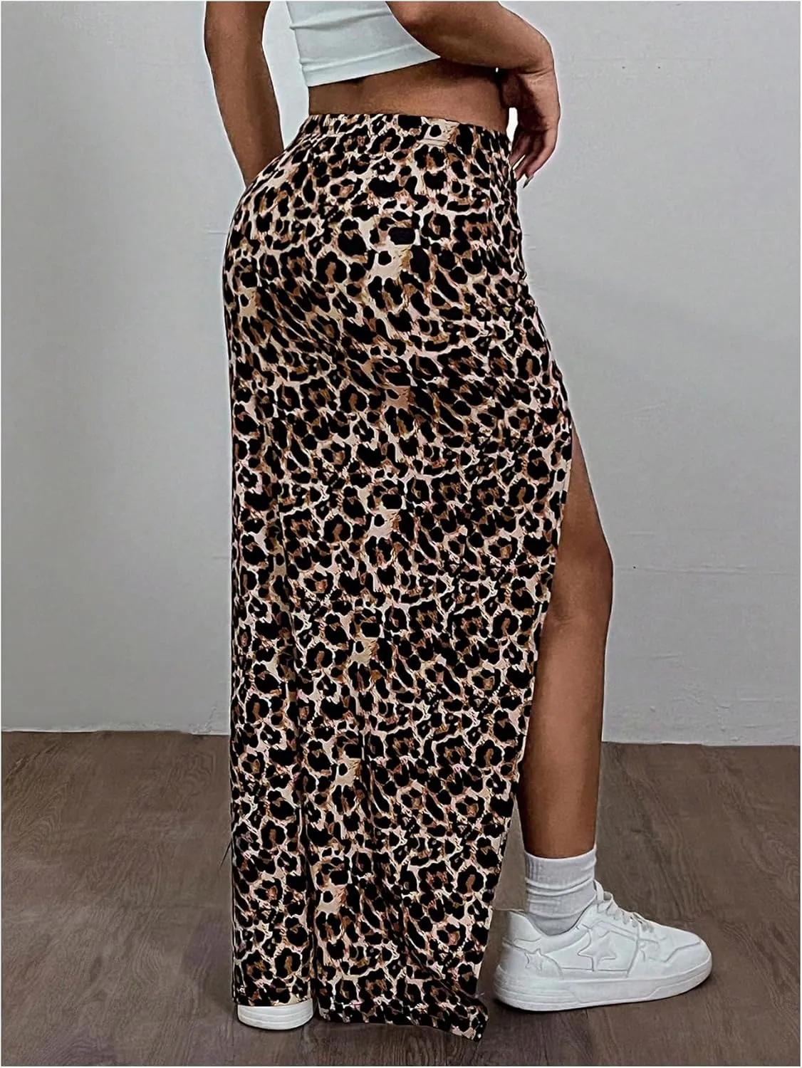 MakeMeChic Women's Leopard Print Split Thigh Bodycon Skinny Fit Maxi Skirt Long Skirts