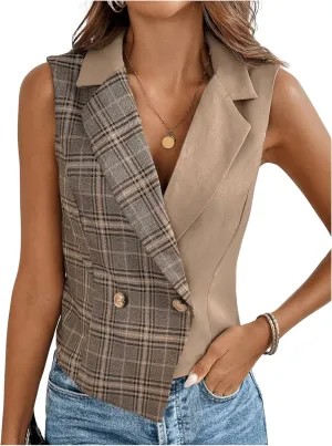 MakeMeChic Women's Plaid Asymmetrical Button Front Sleeveless Vintage Blazer Vest Jacket Waistcoat