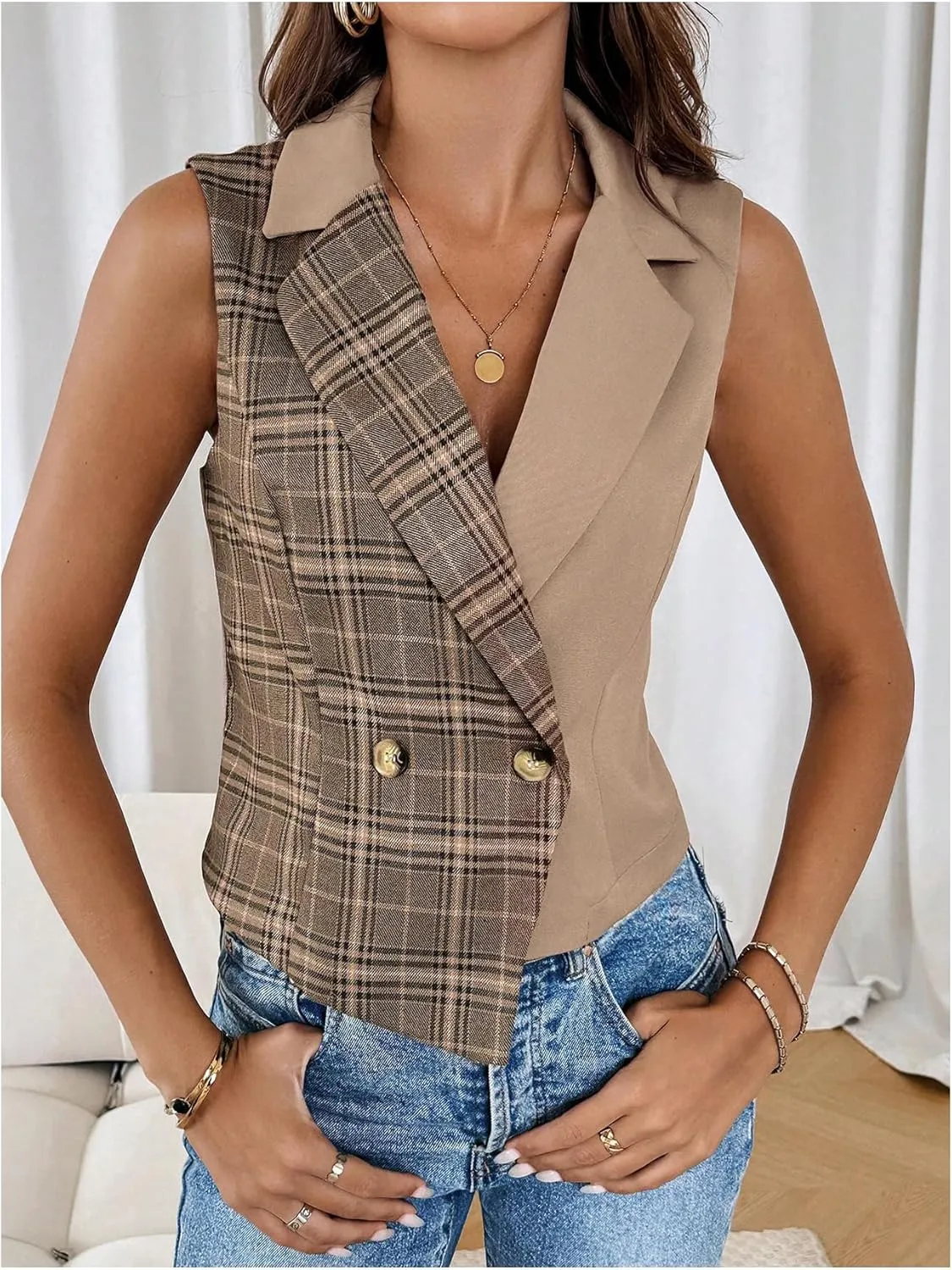 MakeMeChic Women's Plaid Asymmetrical Button Front Sleeveless Vintage Blazer Vest Jacket Waistcoat