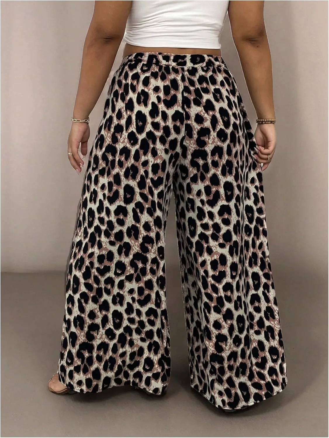 MakeMeChic Women's Plus Size Leopard Print Pants Wide Leg Palazzo Pants Straight Y2K Trousers