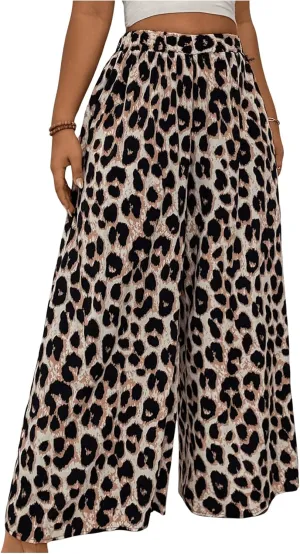 MakeMeChic Women's Plus Size Leopard Print Pants Wide Leg Palazzo Pants Straight Y2K Trousers