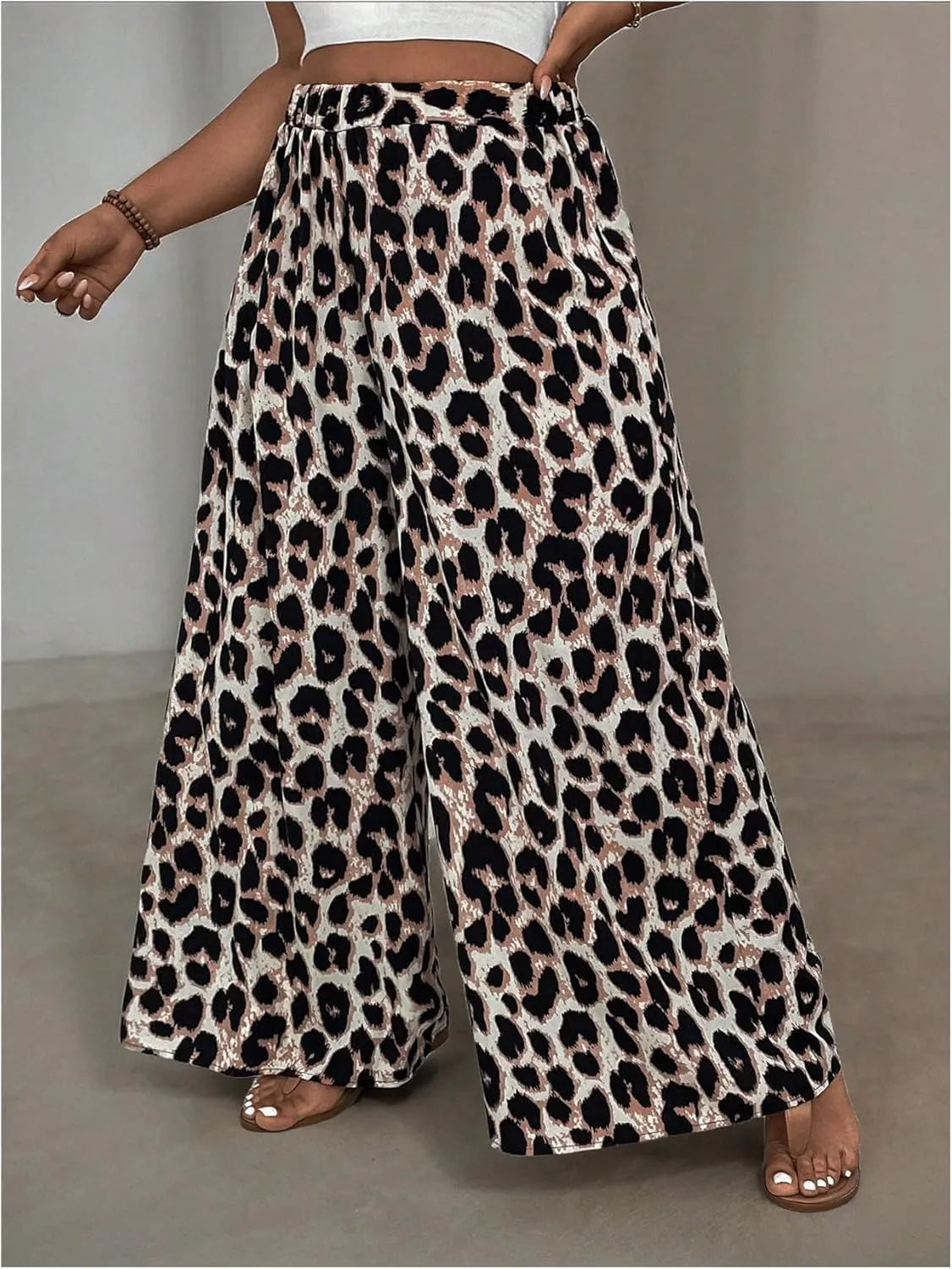 MakeMeChic Women's Plus Size Leopard Print Pants Wide Leg Palazzo Pants Straight Y2K Trousers