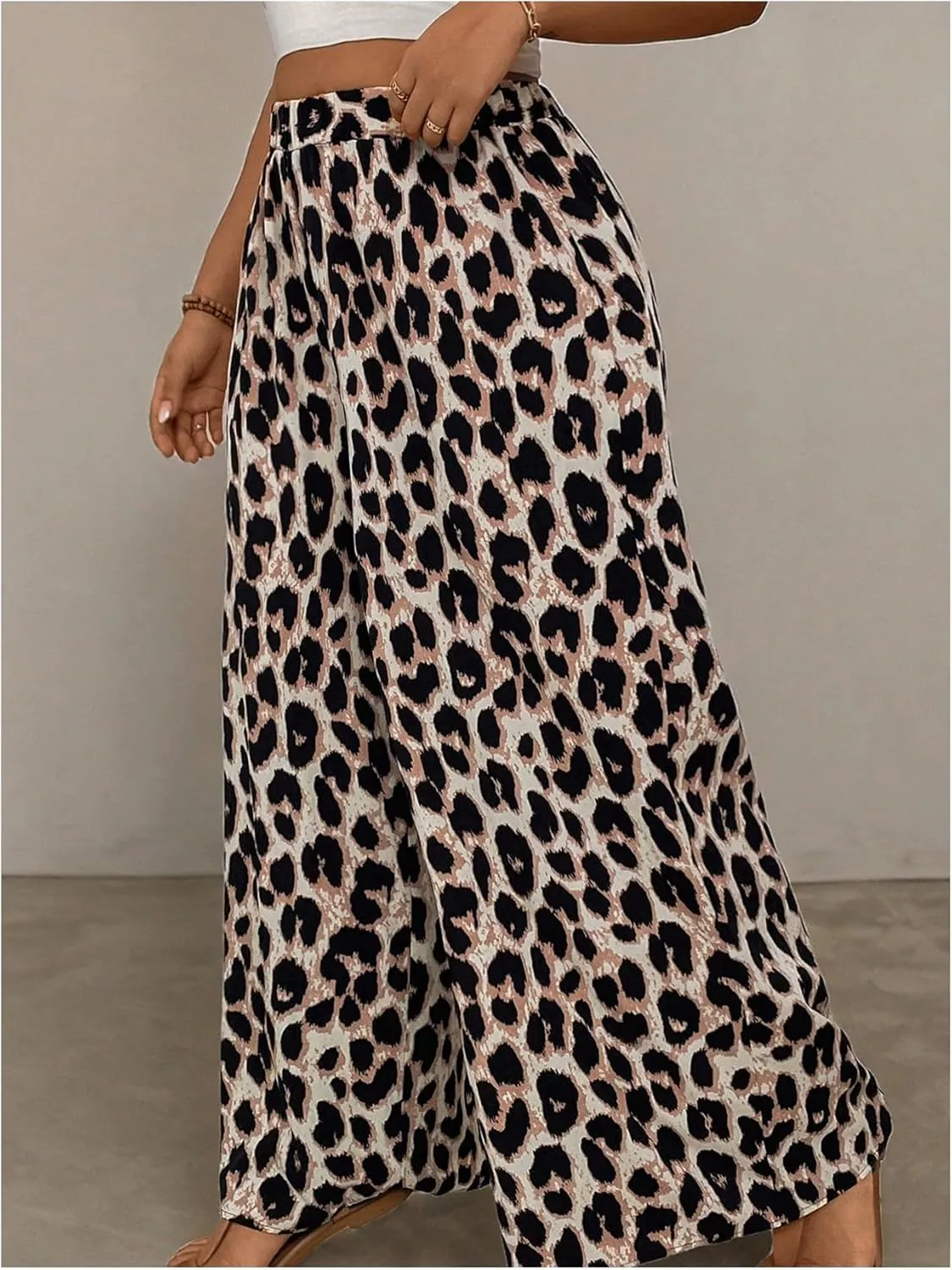 MakeMeChic Women's Plus Size Leopard Print Pants Wide Leg Palazzo Pants Straight Y2K Trousers