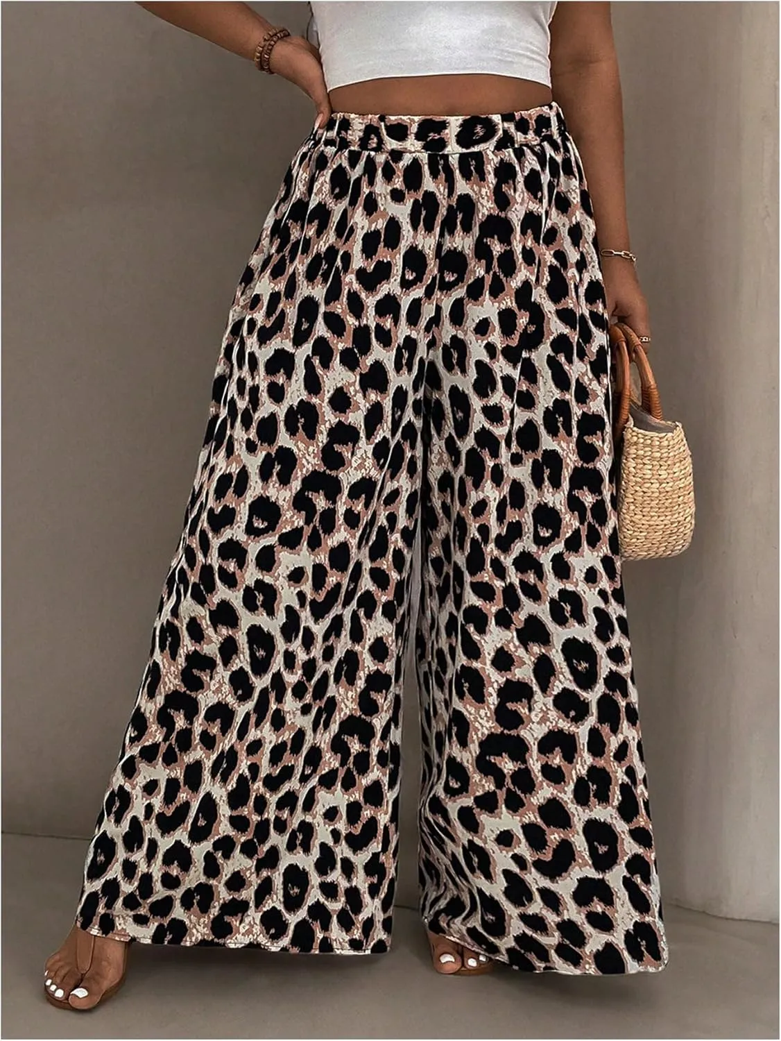 MakeMeChic Women's Plus Size Leopard Print Pants Wide Leg Palazzo Pants Straight Y2K Trousers