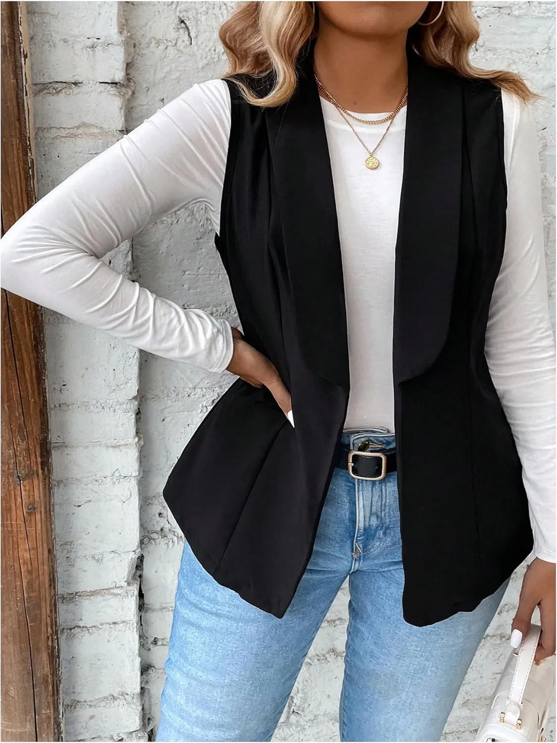 MakeMeChic Women's Plus Size Shawl Collar Blazer Sleeveless Open Front Vest Suit Jacket Coat