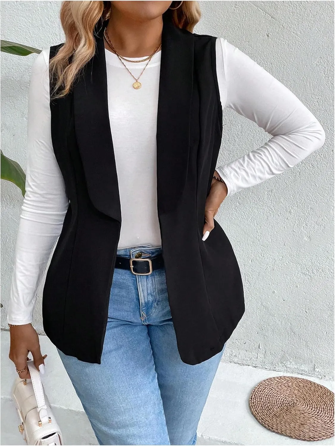 MakeMeChic Women's Plus Size Shawl Collar Blazer Sleeveless Open Front Vest Suit Jacket Coat