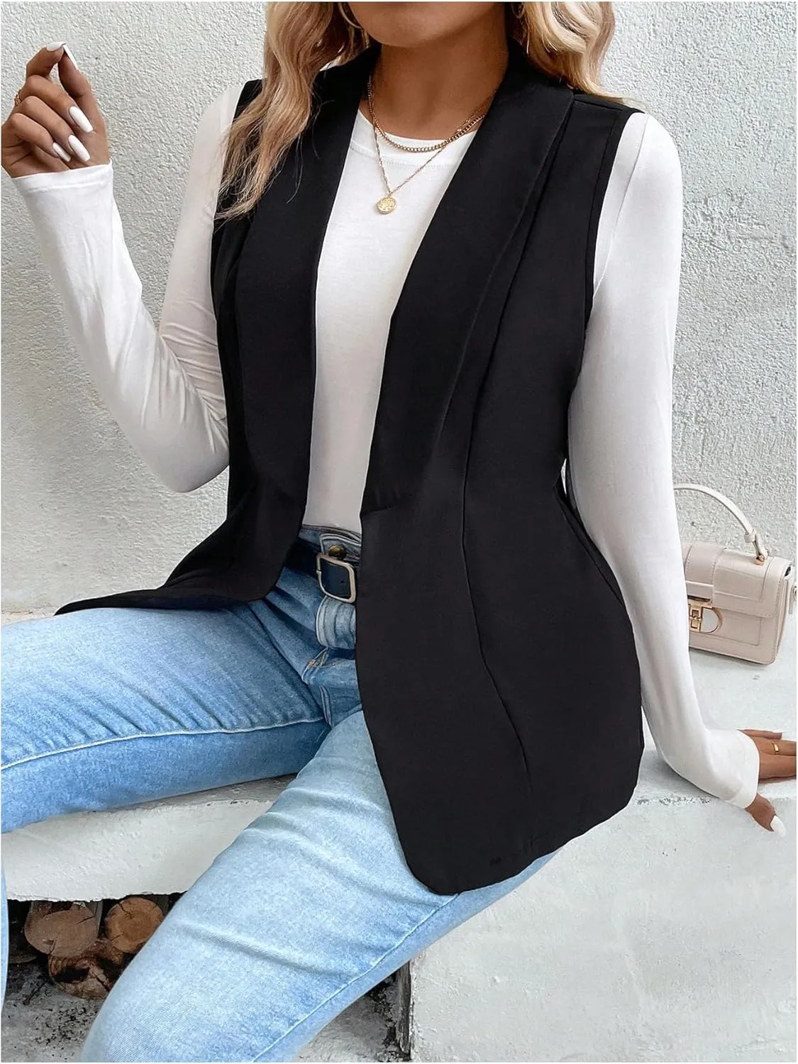 MakeMeChic Women's Plus Size Shawl Collar Blazer Sleeveless Open Front Vest Suit Jacket Coat