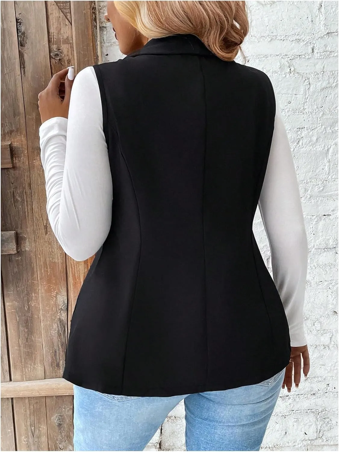 MakeMeChic Women's Plus Size Shawl Collar Blazer Sleeveless Open Front Vest Suit Jacket Coat