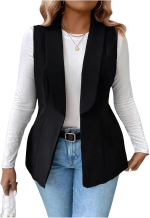 MakeMeChic Women's Plus Size Shawl Collar Blazer Sleeveless Open Front Vest Suit Jacket Coat