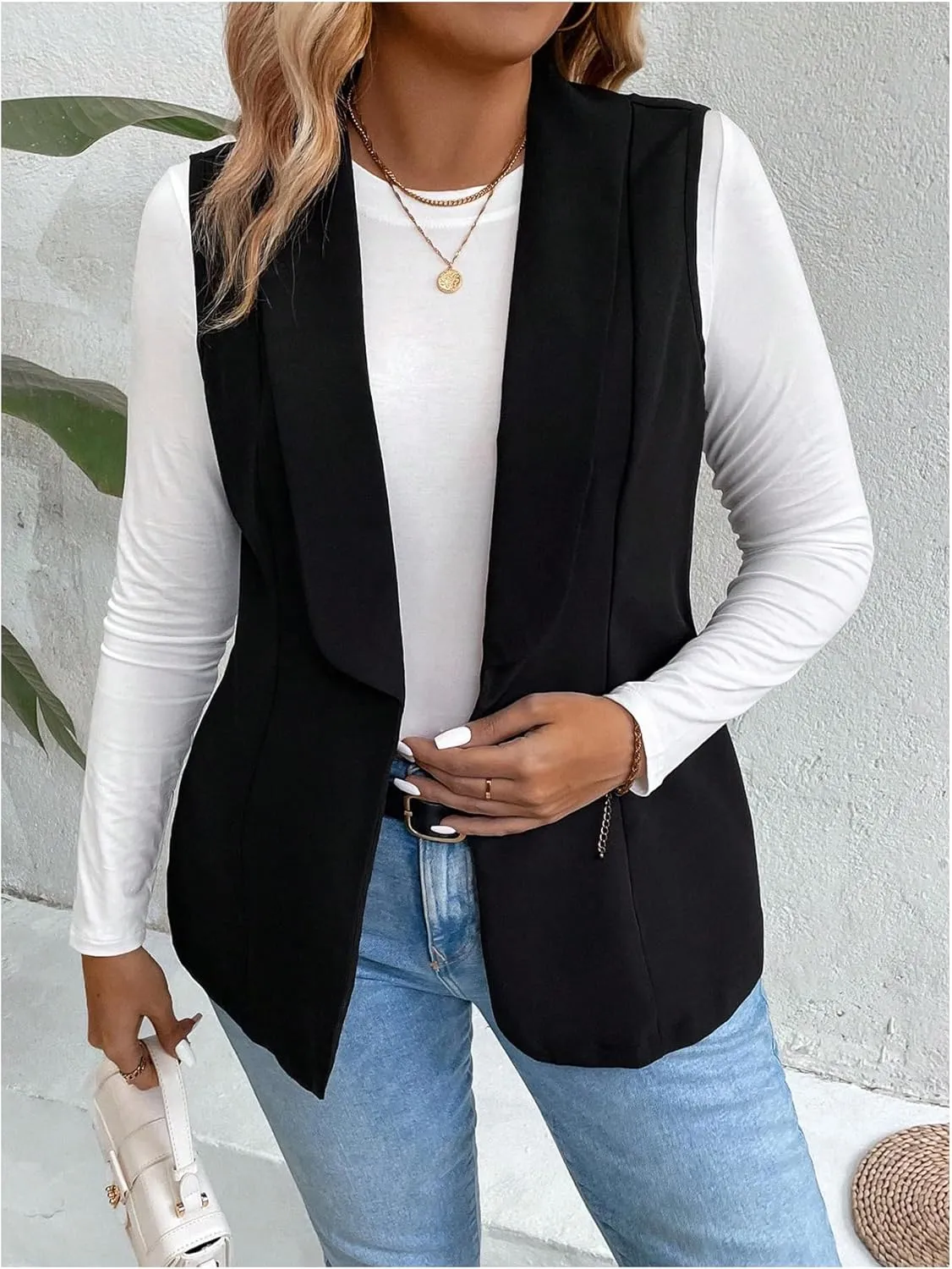 MakeMeChic Women's Plus Size Shawl Collar Blazer Sleeveless Open Front Vest Suit Jacket Coat