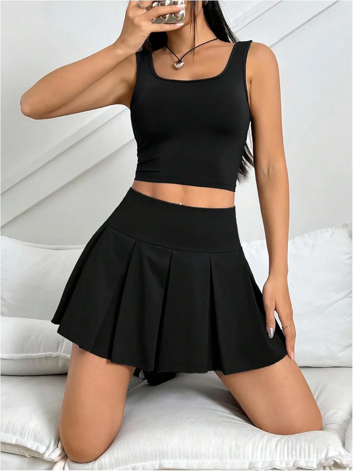 MakeMeChic Women's Summer Pleated Mini Skirt Stretch A Line Cheer Skater Skirts Skorts