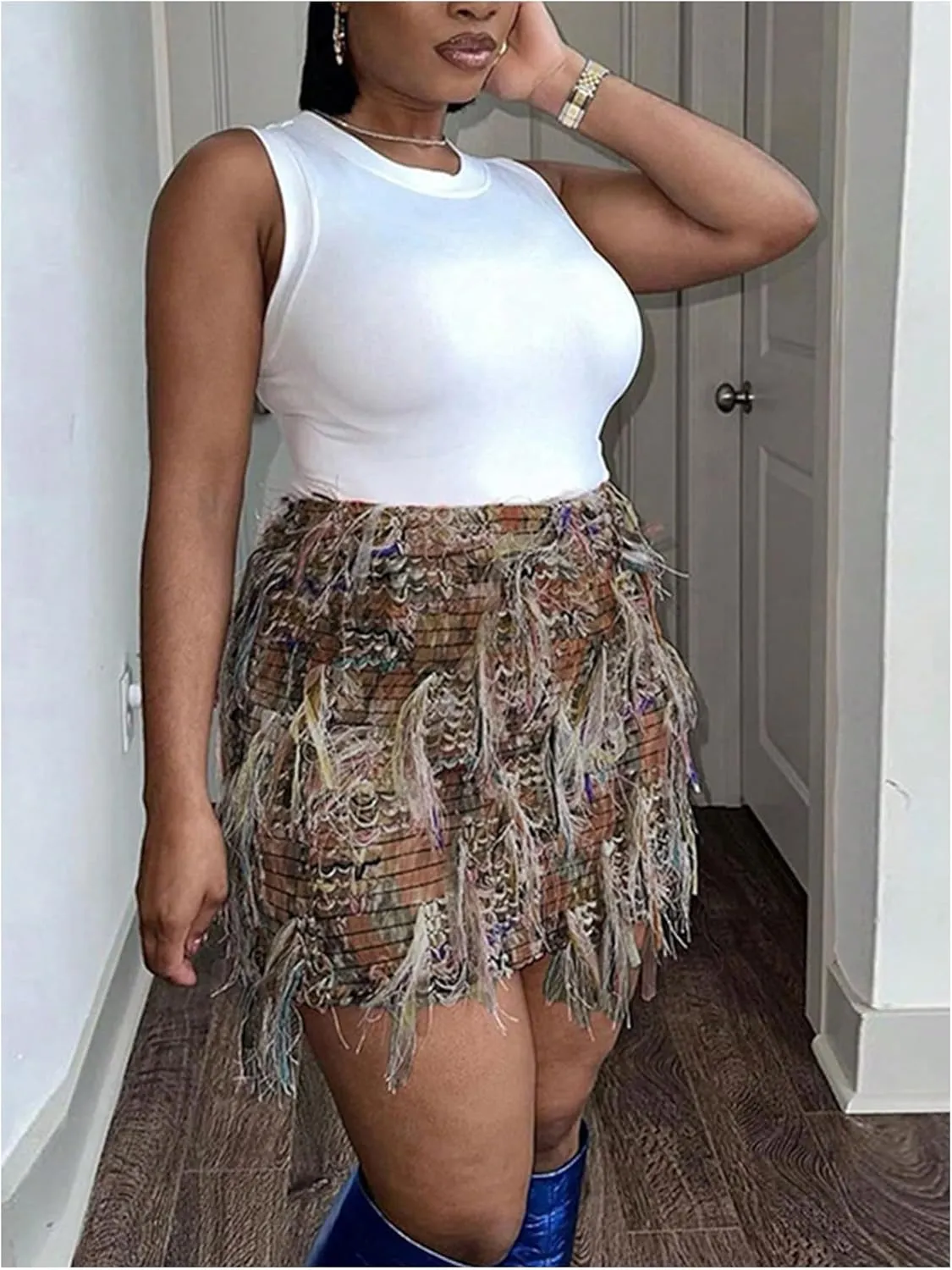 MakeMeChic Women's Tassel Bodycon Mini Skirt Fringe Graphic Print Boho Short Pencil Skirts