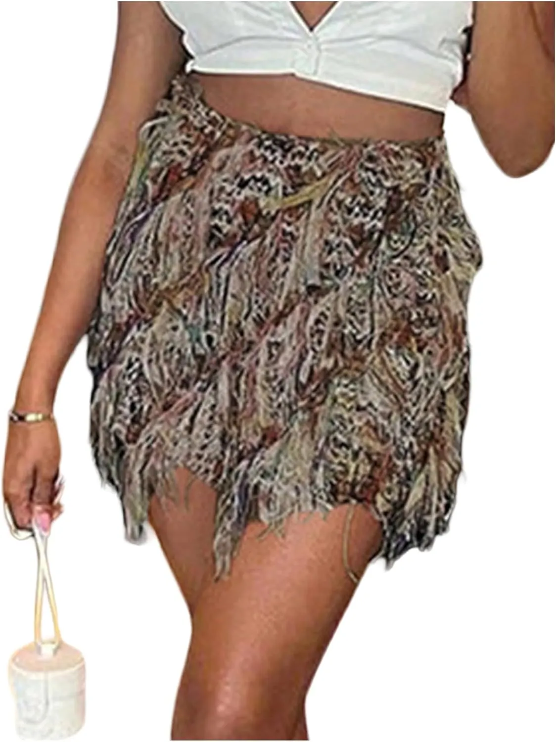 MakeMeChic Women's Tassel Bodycon Mini Skirt Fringe Graphic Print Boho Short Pencil Skirts