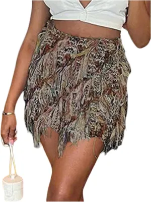 MakeMeChic Women's Tassel Bodycon Mini Skirt Fringe Graphic Print Boho Short Pencil Skirts