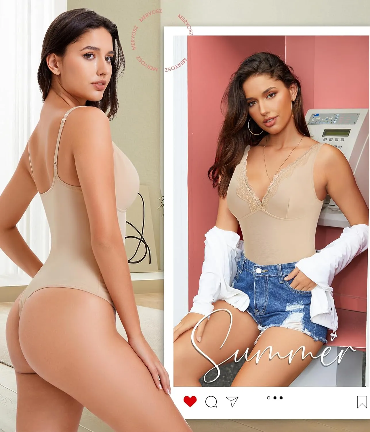 MERYOSZ Shapewear Bodysuit Tummy Control Body Shaper for Women V Neck Bodysuits Thong Lace Camisoles Jumpsuit Tops