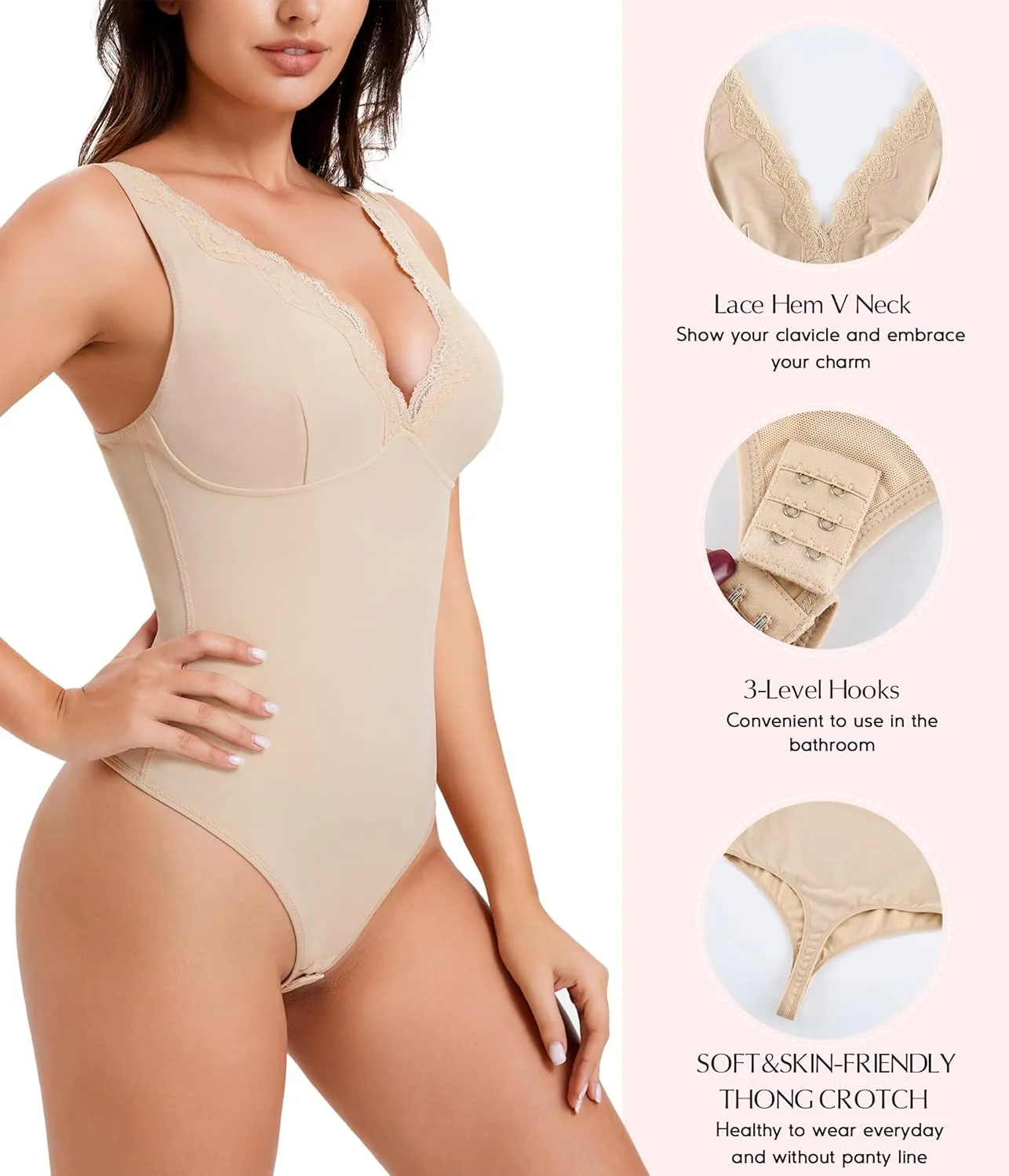 MERYOSZ Shapewear Bodysuit Tummy Control Body Shaper for Women V Neck Bodysuits Thong Lace Camisoles Jumpsuit Tops