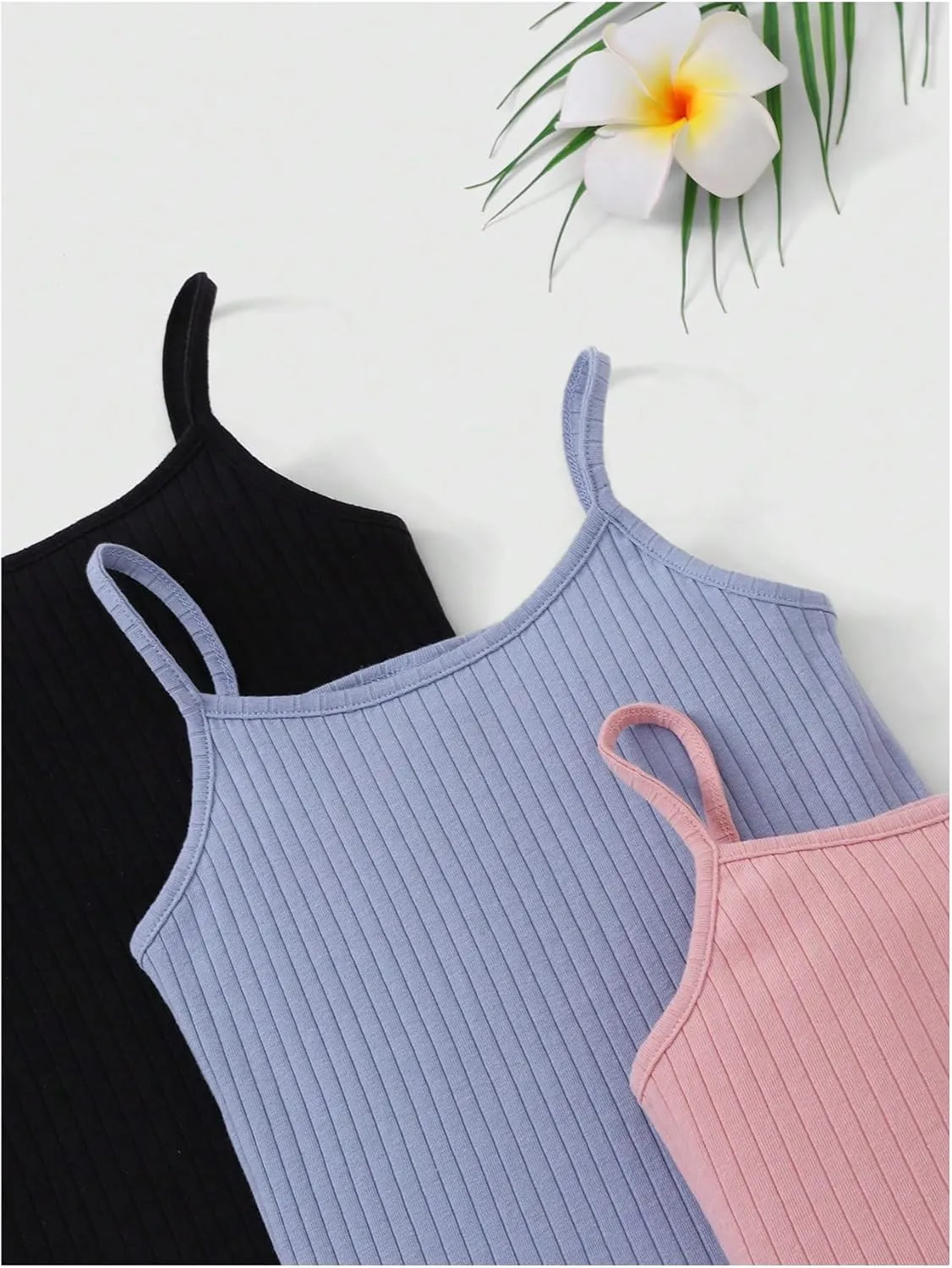 Milumia Girl's 3 Pack Ribbed Knit Camisoles Spaghetti Strap Basic Crop Cami Tops