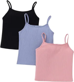 Milumia Girl's 3 Pack Ribbed Knit Camisoles Spaghetti Strap Basic Crop Cami Tops