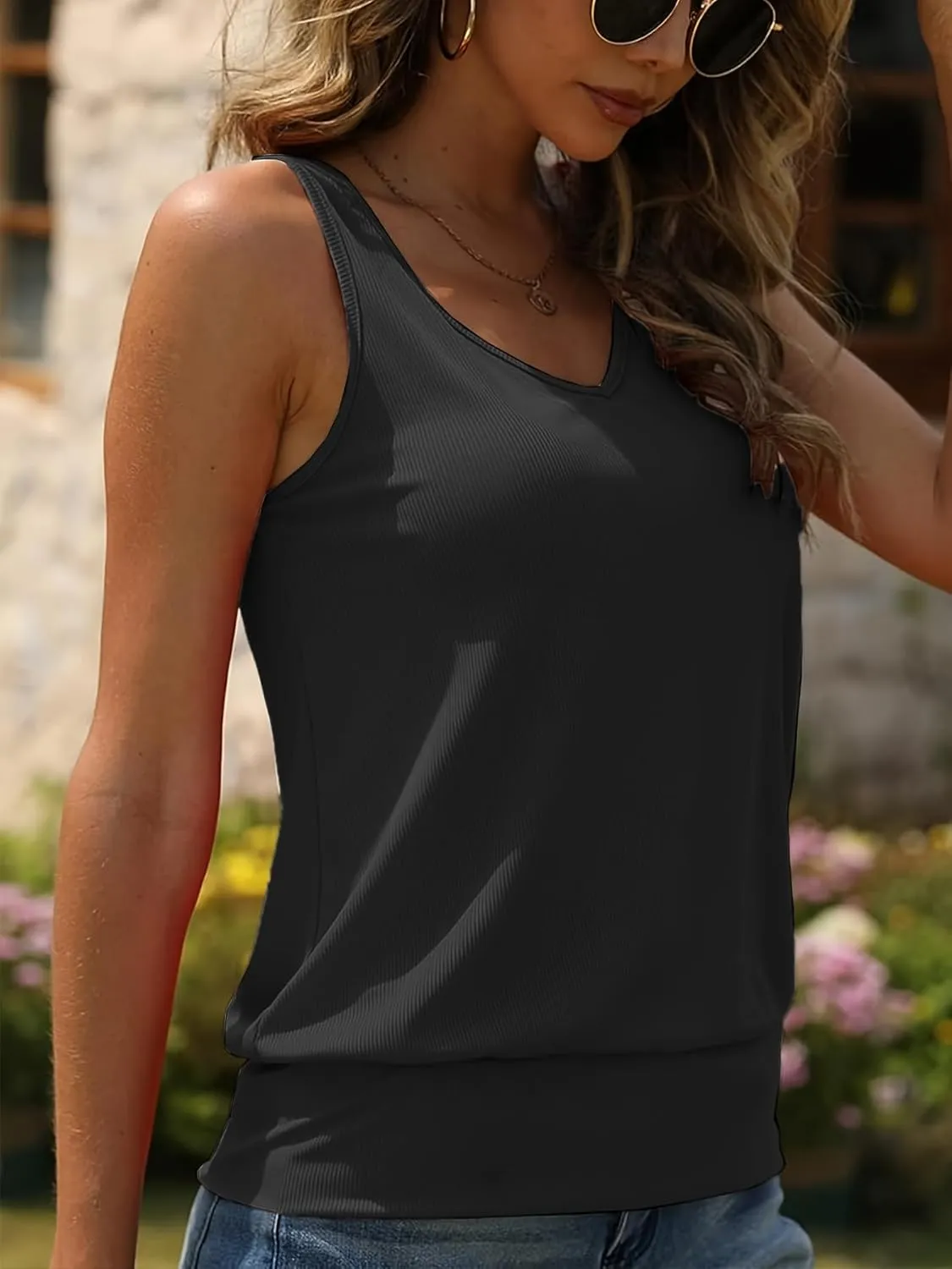 Muchpow Women's Casual V Neck Tank Tops Ribbed Sleeveless Summer Banded Bottom Shirt