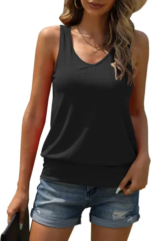 Muchpow Women's Casual V Neck Tank Tops Ribbed Sleeveless Summer Banded Bottom Shirt