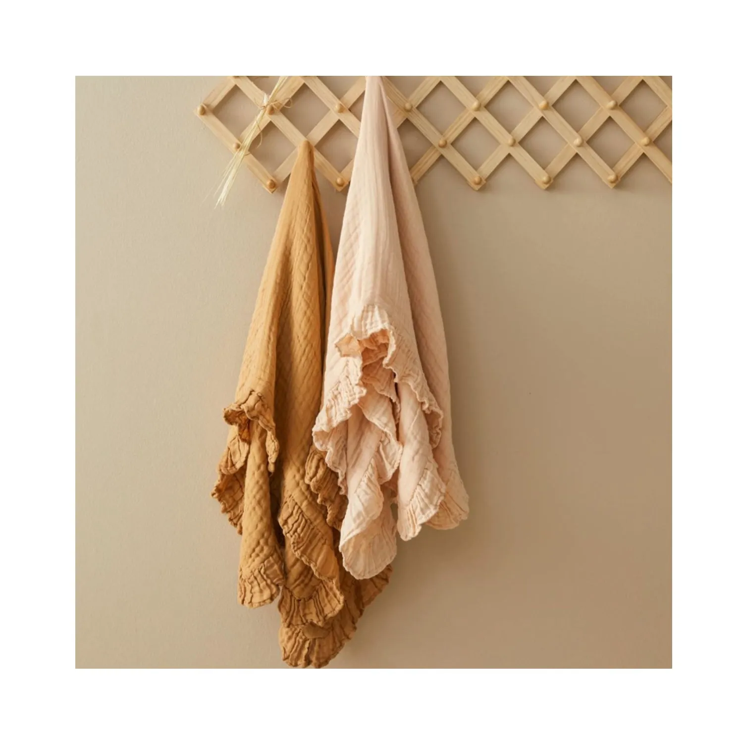 Muslin Baby Blanket Frill Hem - Biscuit