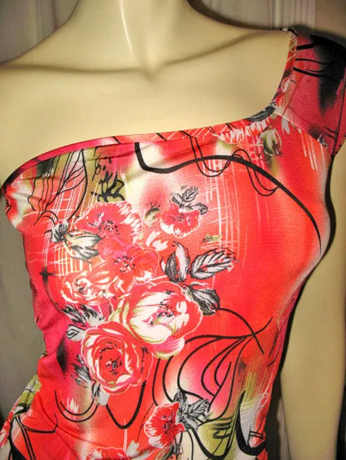 NEW MADE In USA Womens Tops RED ORANGE Floral Flowers Pattern Print ONE Shoulder TOP Summer Clothes S M