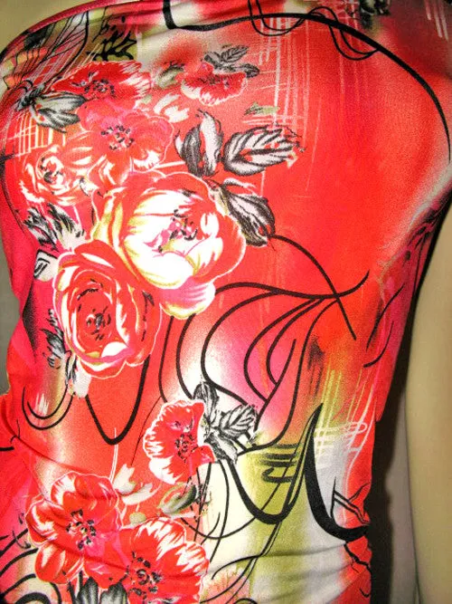 NEW MADE In USA Womens Tops RED ORANGE Floral Flowers Pattern Print ONE Shoulder TOP Summer Clothes S M