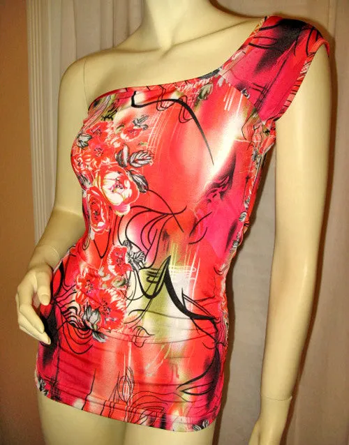 NEW MADE In USA Womens Tops RED ORANGE Floral Flowers Pattern Print ONE Shoulder TOP Summer Clothes S M