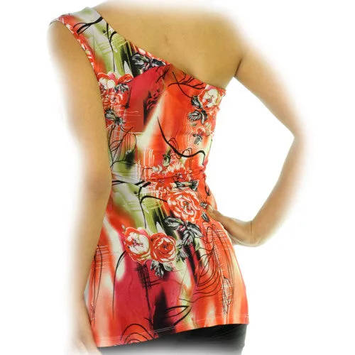 NEW MADE In USA Womens Tops RED ORANGE Floral Flowers Pattern Print ONE Shoulder TOP Summer Clothes S M
