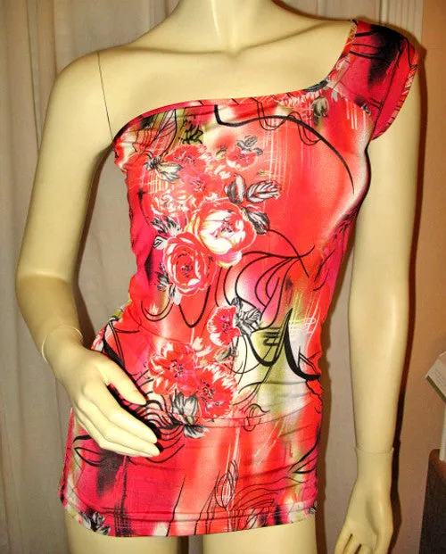 NEW MADE In USA Womens Tops RED ORANGE Floral Flowers Pattern Print ONE Shoulder TOP Summer Clothes S M