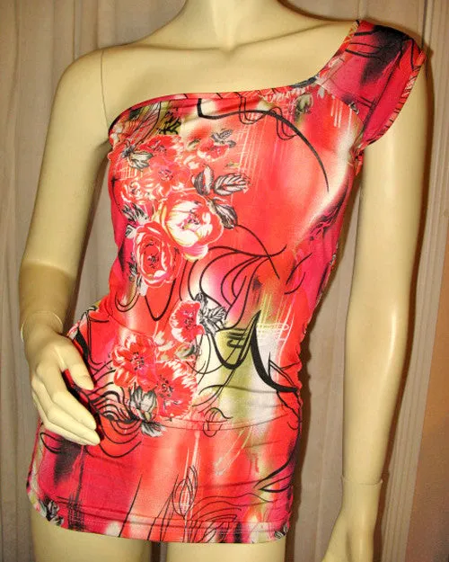 NEW MADE In USA Womens Tops RED ORANGE Floral Flowers Pattern Print ONE Shoulder TOP Summer Clothes S M