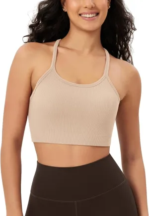 ODODOS Seamless Racerback Sports Bra for Women Ribbed Camisoles Non Padding Yoga Bra Crop Tank Tops