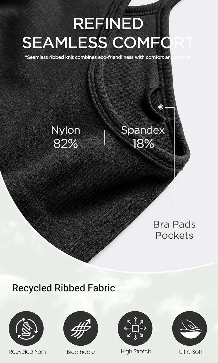 ODODOS Seamless Racerback Sports Bra for Women Ribbed Camisoles Non Padding Yoga Bra Crop Tank Tops