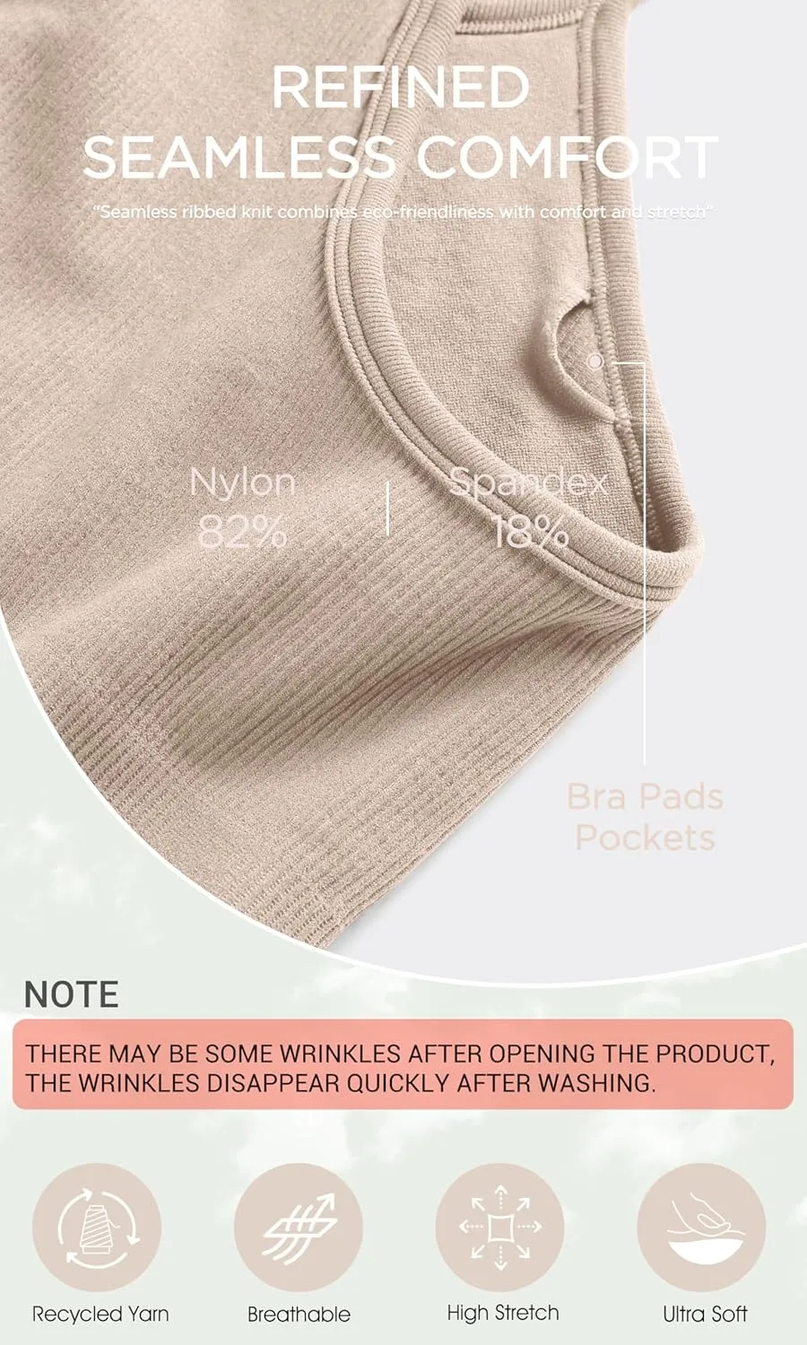 ODODOS Seamless Racerback Sports Bra for Women Ribbed Camisoles Non Padding Yoga Bra Crop Tank Tops