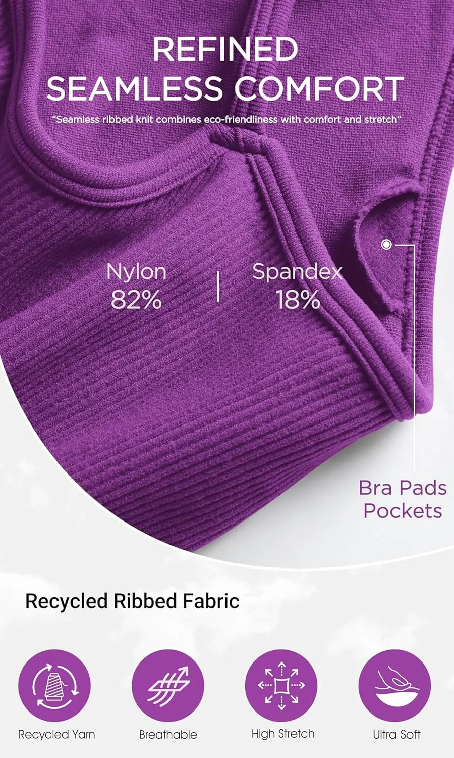 ODODOS Seamless Sports Bra for Women Ribbed Camisoles Non Padding Yoga Bra Crop Tank Tops