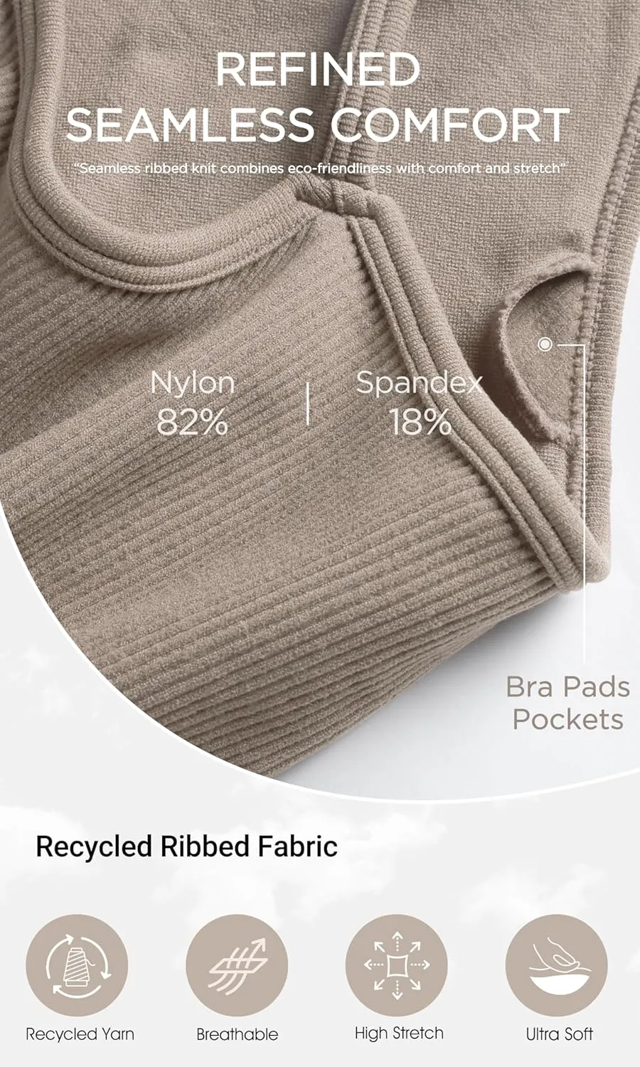 ODODOS Seamless Sports Bra for Women Ribbed Camisoles Non Padding Yoga Bra Crop Tank Tops