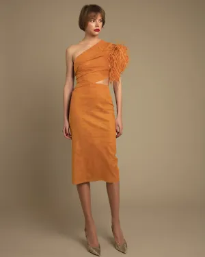 One-Shoulder Feather Mustard Dress