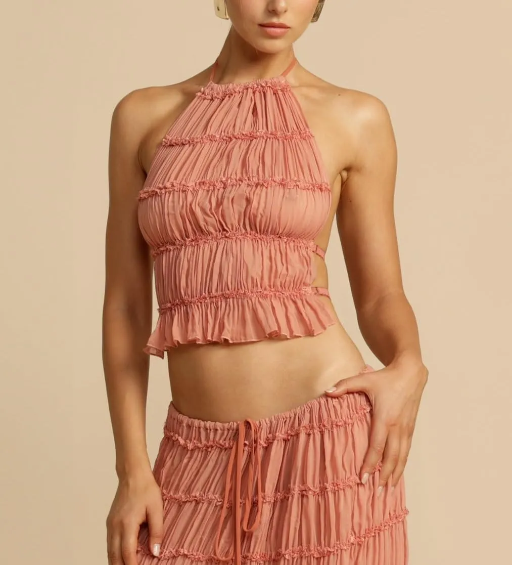 Open Back Halter Tops for Women Bow Tie Back Ruched Ruffle Crop Tops Smocked Y2K Going Out Camisoles
