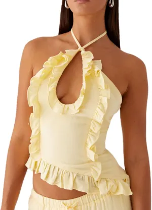 Open Back Halter Tops for Women Bow Tie Back Ruched Ruffle Crop Tops Smocked Y2K Going Out Camisoles