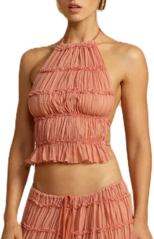 Open Back Halter Tops for Women Bow Tie Back Ruched Ruffle Crop Tops Smocked Y2K Going Out Camisoles