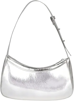 OYOANGLE Girl's Metallic Patent Leather Shoulder Bags Zipper Top Handle Clutch Purse Handbags Y2K Hobo Bags Silver One-Size