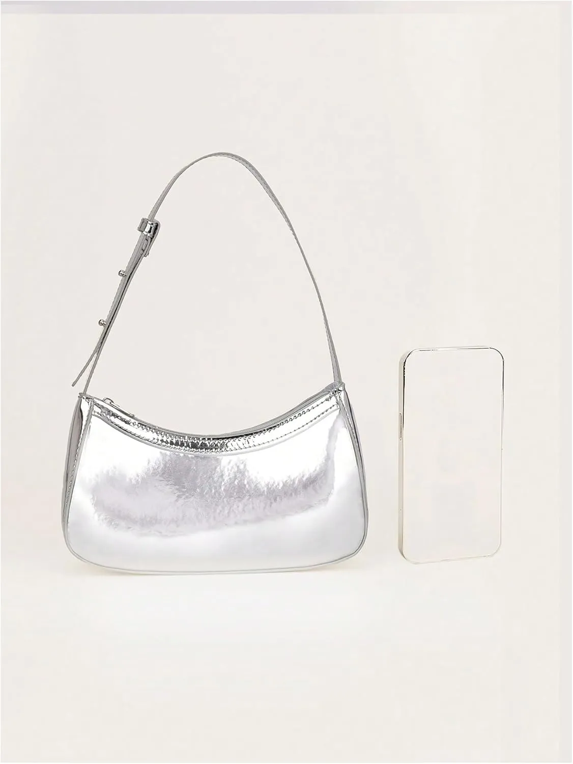 OYOANGLE Girl's Metallic Patent Leather Shoulder Bags Zipper Top Handle Clutch Purse Handbags Y2K Hobo Bags Silver One-Size